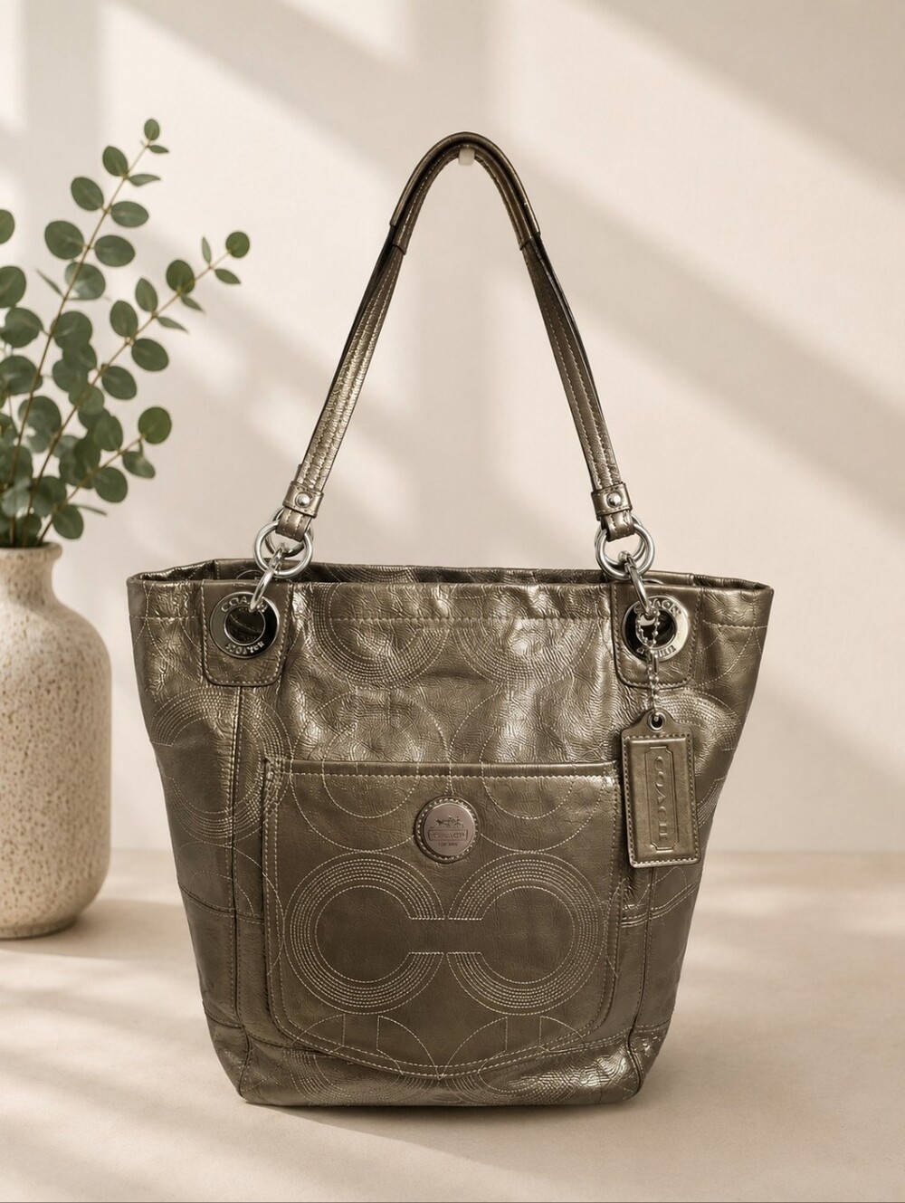 Coach Alex Op Art Signature Stitched Metallic Olive Patent Leather Tote EUC